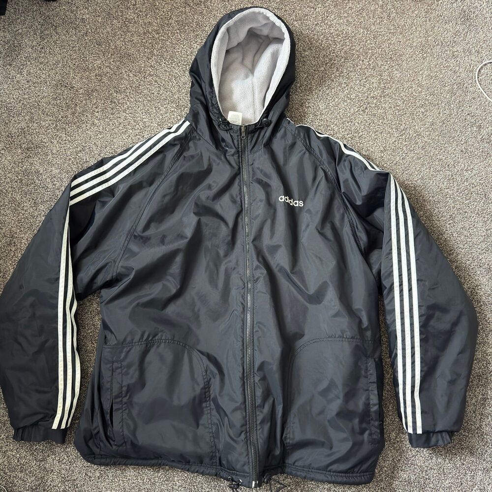 Vintage 90s Adidas Reversible Windbreaker Jacket Mens 2XL Black Nylon Gray Fleec
